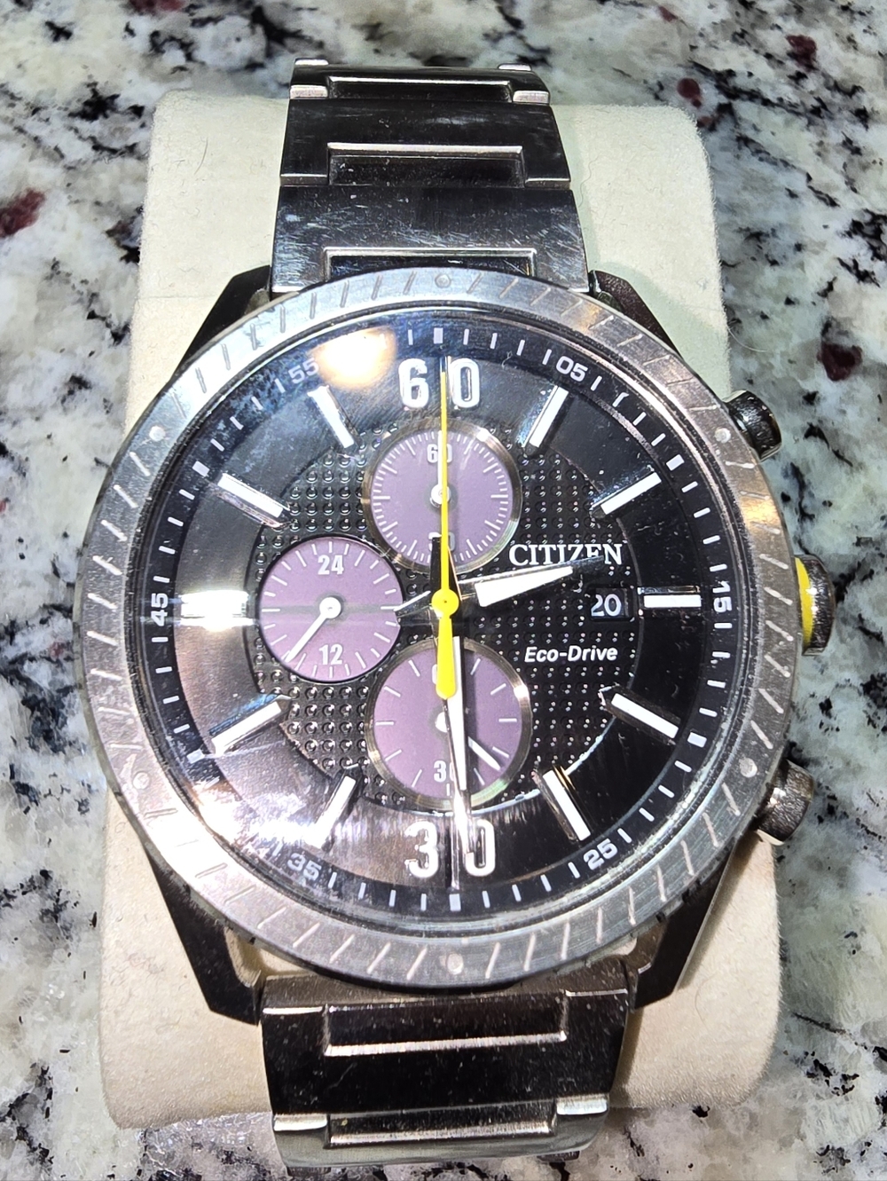 Citizen Stainless Steel Chronograph Watch with Black, Purple and Yellow Accents